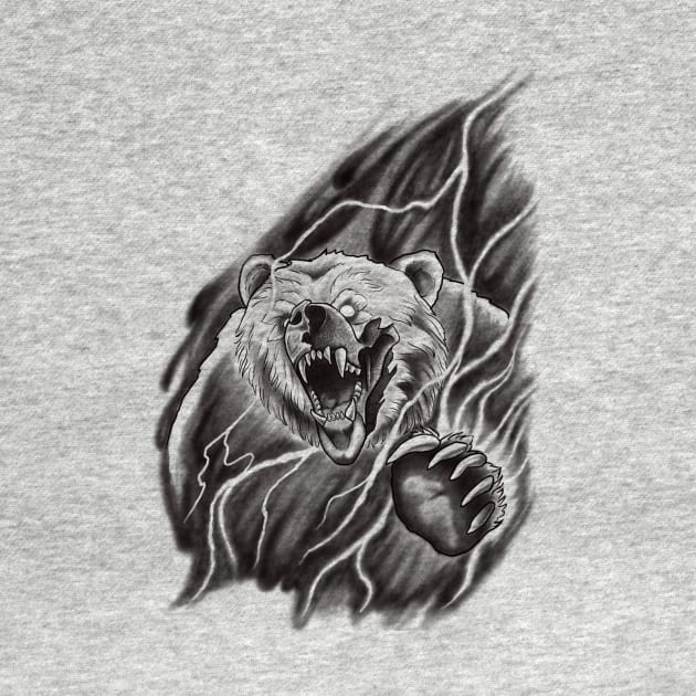 Roaring Bear breaking through the Mist in a Lightning Storm Tattoo Design by Tred85
